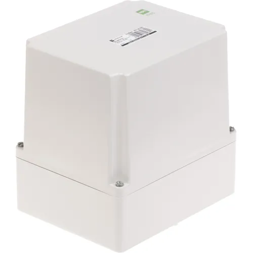 The image shows a white, rectangular hermetic enclosure with a robust design, featuring a smooth surface and secured with screws at each corner. It is designed for industrial use, offering IP65 protection against dust and water.