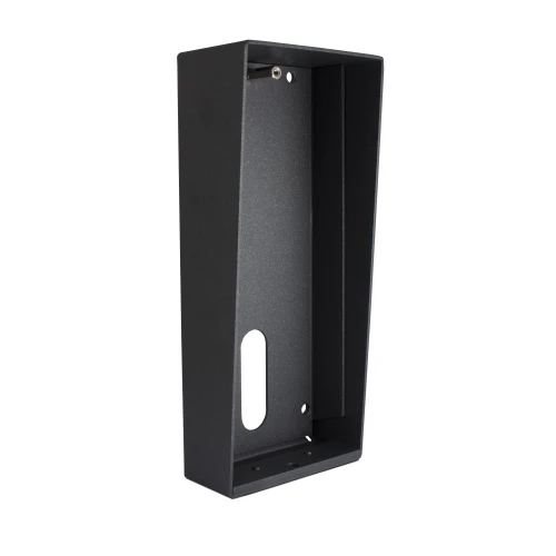A sleek black surface-mounted enclosure designed for secure installation of electronic devices. The enclosure features a rectangular shape with a cutout for wiring and multiple mounting holes for easy attachment.