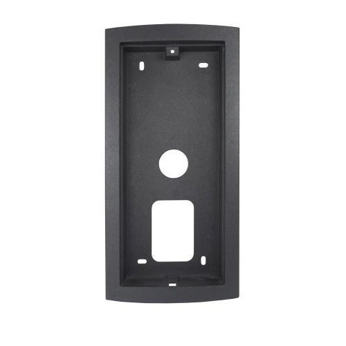 Recessed black metal enclosure designed for secure and discreet installation. Features a rectangular shape with multiple mounting holes and a central circular opening.