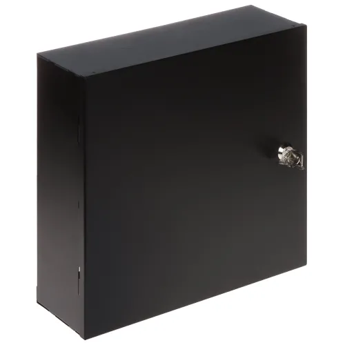 A sleek black metal enclosure with a smooth finish, featuring a secure locking mechanism on the right side. The box has a minimalist design, suitable for housing electronic components or wiring.