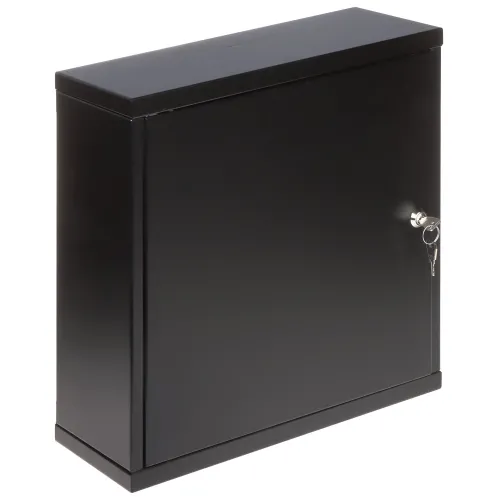 A sleek black metal enclosure with a lockable door and a key, designed for secure storage and protection of electrical components. The box features a smooth finish and a sturdy construction, suitable for both indoor and outdoor use.