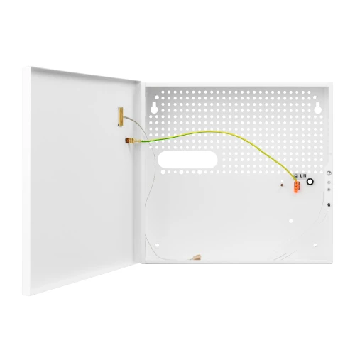 The image shows a white metal enclosure with a perforated back panel and a hinged door, designed for housing electronic components. It features a grounding wire and multiple mounting points for secure installation.