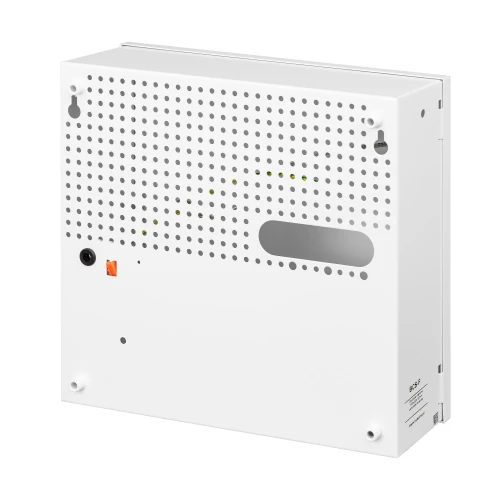 A white metal enclosure with a perforated front panel and a small viewing window, designed for housing electronic components. It features a secure locking mechanism and multiple mounting points for easy installation.