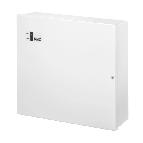 A sleek, white metal enclosure designed for indoor use, featuring a secure lock and a minimalist design. The front panel includes a small logo and indicator lights for easy monitoring.