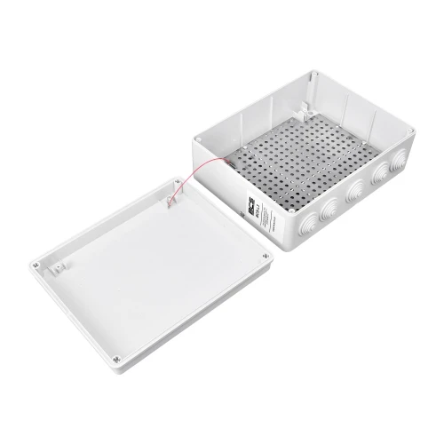 A white, rectangular external enclosure with a perforated metal base and multiple cable entry points is shown with its lid open. The enclosure is designed for housing electronic components, providing protection and organization for outdoor installations.
