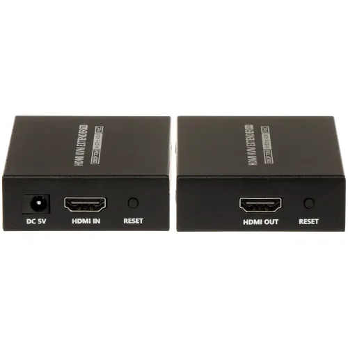 The image shows a pair of black HDMI KVM extenders, with one unit featuring a DC 5V power input, HDMI input, and reset button, and the other unit displaying an HDMI output and reset button. Both devices are designed for extending HDMI signals over long distances.