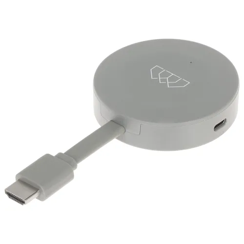 A sleek, round multimedia dongle in a light gray color with an HDMI connector and a USB-C port. The device features a minimalist design with a subtle logo on the top surface.