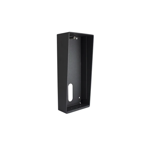 A sleek, black metal mounting box designed for housing intercom systems, featuring a rectangular shape with pre-drilled holes for easy installation. The box has a durable finish and an open front to accommodate various intercom models.