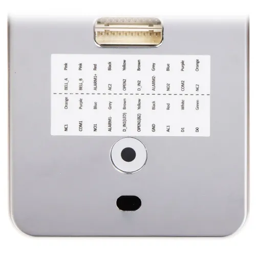 The image shows a close-up of a connector panel with labeled ports and a central circular opening, designed for electronic device integration. The labels indicate various connection points for functions such as alarms and communication interfaces.