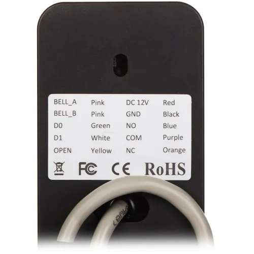 The image shows a black electronic device with a label detailing various wire connections, including colors and functions such as BELL_A, BELL_B, and OPEN. The label also displays compliance symbols like FCC, CE, and RoHS, indicating regulatory standards.