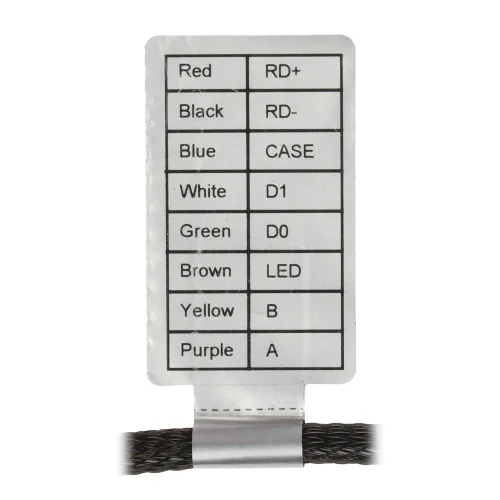 A close-up image of a label showing wire color codes and their corresponding functions, including red for RD+, black for RD-, and blue for CASE. The label is attached to a bundle of black wires, providing clear identification for electrical connections.