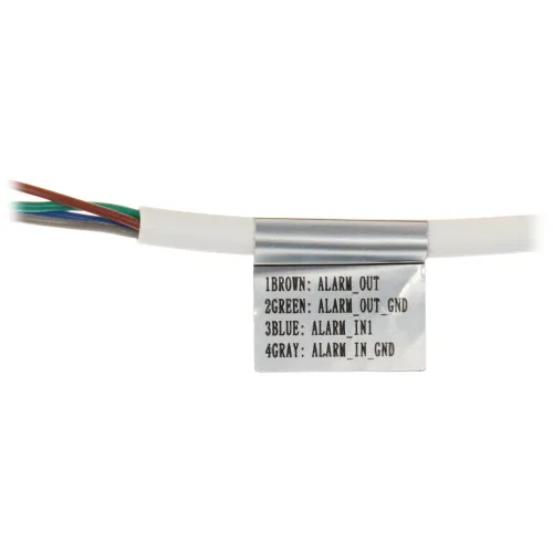 The image shows a close-up of a cable with four colored wires: brown, green, blue, and gray, each labeled with its specific function for alarm connections. A metal tag attached to the cable provides a clear description of each wire's purpose, such as alarm output and ground connections.