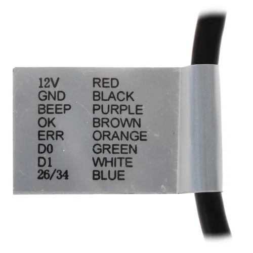 A close-up image of a cable with a metallic label displaying a color-coded wiring guide. The label lists various functions such as 12V, GND, and BEEP alongside corresponding wire colors like red, black, and purple.