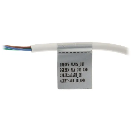 The image shows a close-up of a cable with a label detailing wire connections, including brown for alarm out, green for alarm out ground, blue for alarm in, and gray for alarm in ground. The label is attached to the cable, providing clear instructions for wiring setup.