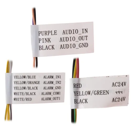 The image shows three sets of labeled wires with various color codes, each indicating specific audio and alarm functions. The labels detail connections for audio input, output, ground, and alarm signals, as well as power supply lines.