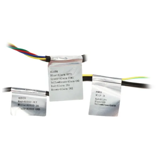 The image shows a set of labeled electrical cables with different colored wires, each wrapped in metallic foil for protection. The labels indicate connections for alarm, audio, and power functions, specifying wire colors and their corresponding roles.