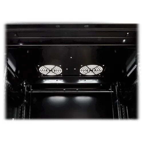 The image shows the interior of a black server rack cabinet with two circular fan openings on the top panel for ventilation. The cabinet also features cable entry points, allowing for organized cable management.