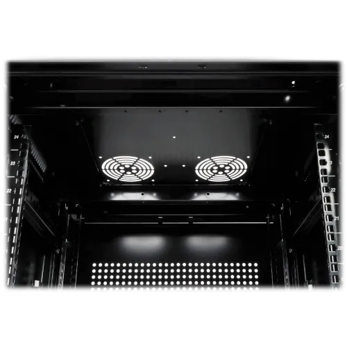 The image shows a black metal enclosure with pre-cut openings for fans and cable grommets, designed for efficient ventilation and cable management. The interior features a sleek, perforated design to enhance airflow and organization.