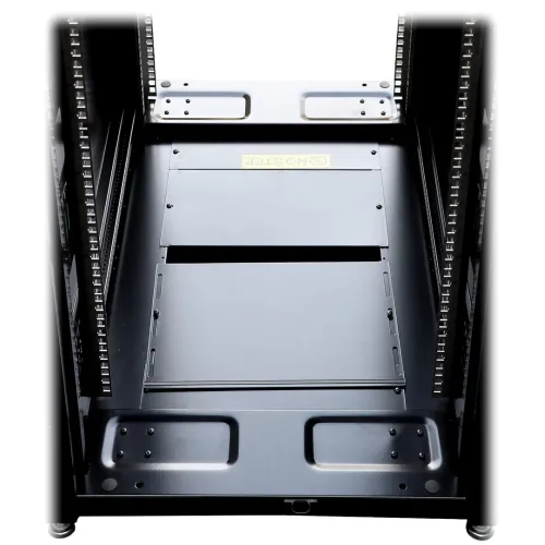 The image shows the interior of a black server rack with designated slots for fan installation, providing efficient cooling options. The rack features a sturdy metal construction with a "NO STEP" warning label on the base panel.