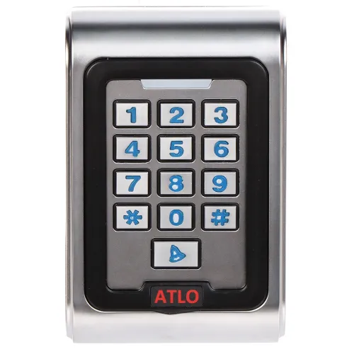 The image shows a sleek, metallic access control keypad with a numeric layout and additional function keys. The device features a prominent "ATLO" logo at the bottom, indicating the brand.