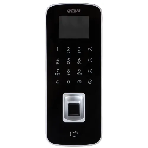 The image shows a sleek, black electronic door lock panel with a numeric keypad and a fingerprint scanner. The panel features a digital display and touch-sensitive buttons for secure access control.