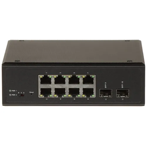 The image shows a black network switch with eight Ethernet ports and two SFP ports on the front panel. It features LED indicators for each port and power status lights on the left side.