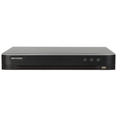 The image shows a sleek, black Hikvision digital video recorder with a minimalist front panel design. It features three indicator lights and a USB port on the right side.