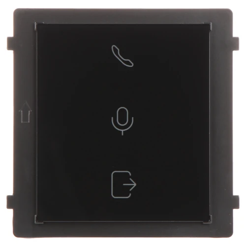 A sleek black control panel featuring icons for a phone, microphone, and exit function. The minimalist design is ideal for modern communication systems.