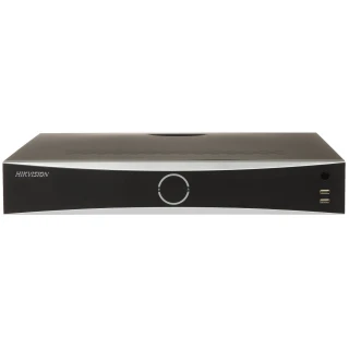 Front view of a sleek, black Hikvision DVR with a minimalist design featuring a central circular button and two USB ports on the right. The device has a smooth, metallic finish with subtle branding on the left side.