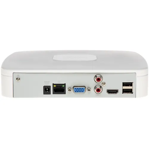 The image shows the rear panel of a white electronic device featuring various ports, including HDMI, VGA, USB, Ethernet, and audio connectors. The design is sleek and compact, suitable for versatile connectivity options.