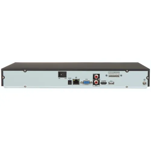 The image shows the rear panel of an electronic device featuring various input and output ports, including VGA, HDMI, and USB connections. It also includes a power switch and DC input, with additional audio and video connectors for versatile functionality.