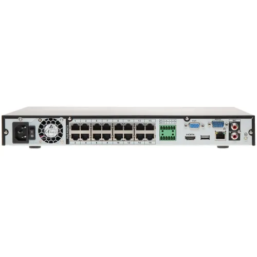 The image shows the rear panel of a network switch featuring 16 Ethernet ports, a cooling fan, and various input/output connections including HDMI, VGA, and RS232. It also includes audio ports and a power input on the left side.