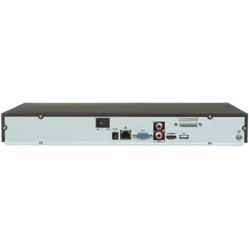 The image shows the rear panel of an electronic device featuring various connectivity ports, including VGA, HDMI, and audio inputs. It also includes a power switch and a DC 12V power input.