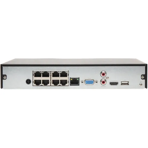 The image shows the rear panel of a network device featuring multiple Ethernet ports, a VGA port, and various audio and USB connections. The metal casing provides a durable housing for the connectivity options, suitable for complex networking setups.