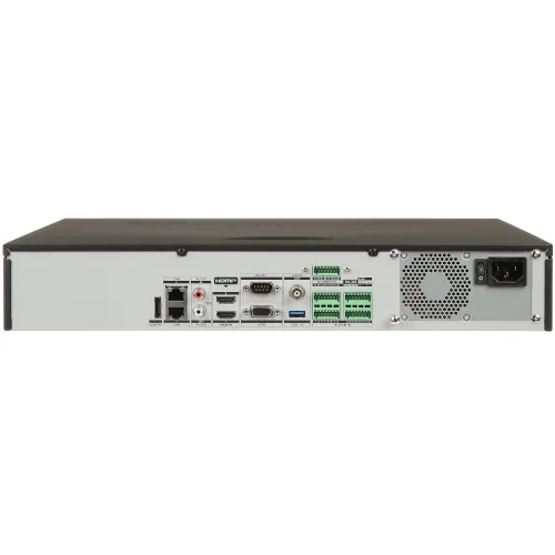 The image shows the rear panel of an electronic device featuring various input and output ports, including HDMI, USB, and audio connections. It also includes network and alarm interfaces, along with a power supply socket and ventilation grille.