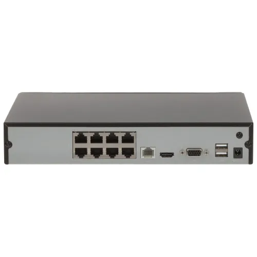 The image shows the rear panel of a network switch featuring eight Ethernet ports, a console port, and various connectivity options including HDMI, USB, and serial ports. The design is compact and functional, suitable for efficient network management.