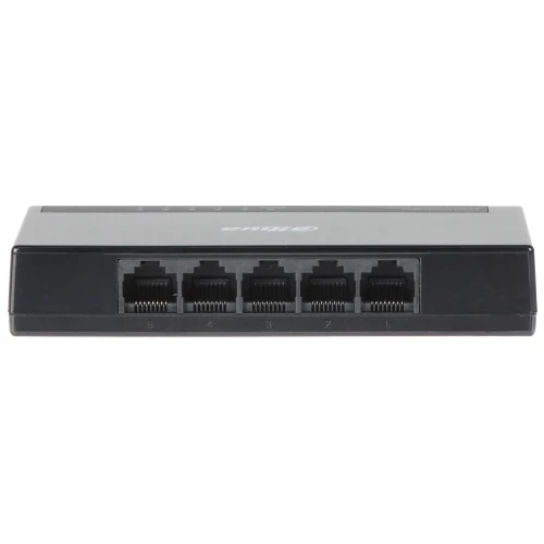 The image shows the rear panel of a black network switch featuring five Ethernet ports. Each port is clearly numbered for easy identification and connectivity management.
