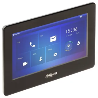 The image shows a sleek, black Dahua IP video intercom panel with a touchscreen display featuring various control icons. The panel is designed for indoor use and includes Wi-Fi connectivity for enhanced communication and security management.