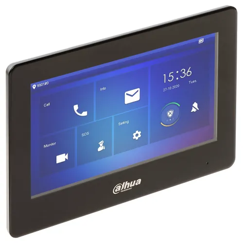 The image shows a sleek, black Dahua IP video intercom panel with a touchscreen display featuring various control icons. The panel is designed for indoor use and includes Wi-Fi connectivity for enhanced communication and security management.