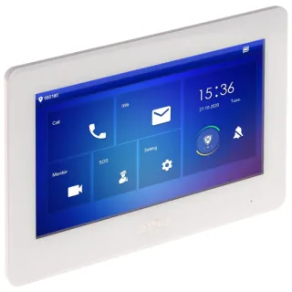 A sleek, white Dahua IP indoor panel with a touchscreen display showing various control icons and the current time. The interface includes options for calls, monitoring, and settings, designed for smart home integration.