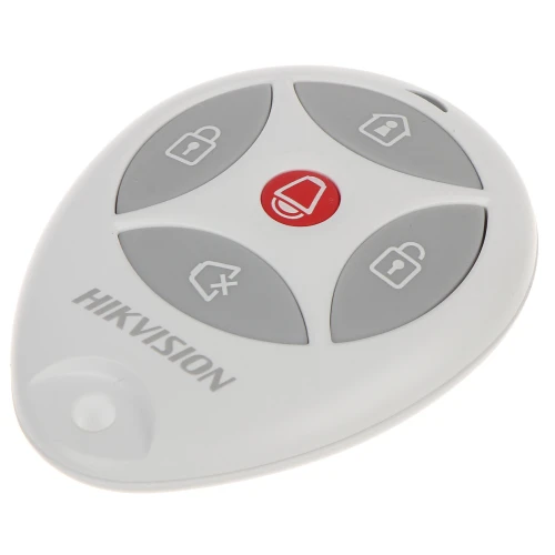 A white Hikvision remote control with four gray buttons and a red central button featuring a bell icon. The buttons include icons for locking, unlocking, and a cancel function.