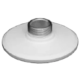 A white, circular camera mount base with a threaded metal connector at the top. Designed for secure attachment of surveillance cameras to various surfaces.