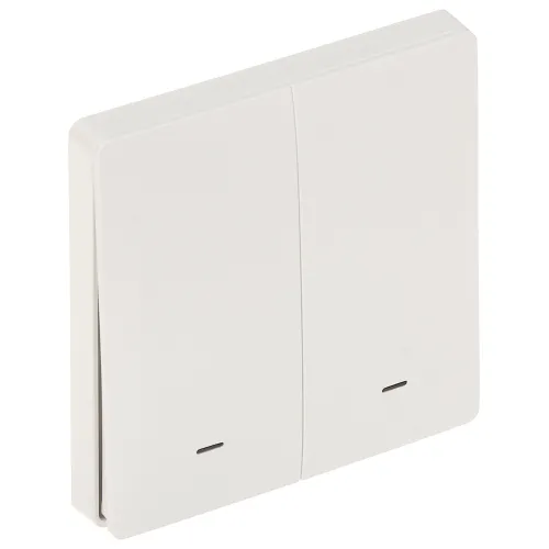 A sleek, white double smart light switch with a minimalist design, featuring two separate touch-sensitive panels. The switch is compatible with Wi-Fi and integrates with Tuya Smart for seamless home automation.