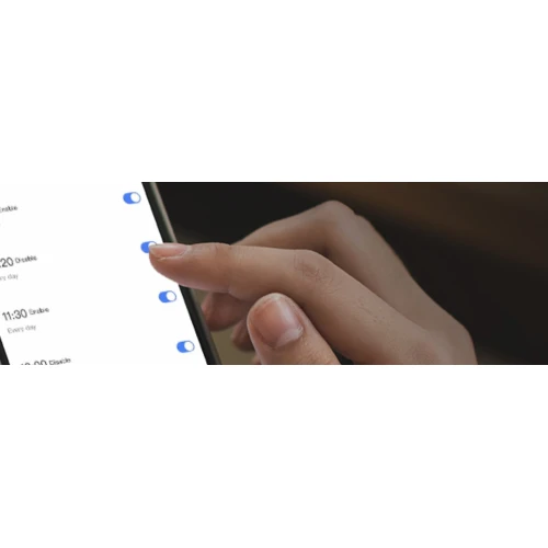 A person is interacting with a smartphone app, adjusting settings for a Wi-Fi relay device. The screen displays toggle switches for controlling various smart home functions.