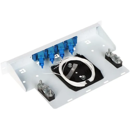The image shows a fiber optic patch panel with four blue LC connectors and a neatly coiled white fiber optic cable. The panel is mounted on a white metal base with adjustable brackets for secure installation.