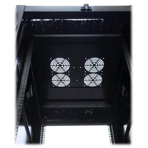 The image shows a black server rack with a top panel featuring multiple ventilation fans for efficient cooling. The interior is designed to accommodate various electronic components, ensuring organized cable management and optimal airflow.