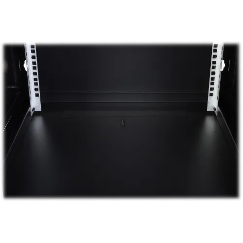 A sleek black cable grommet is integrated into the floor of a server rack, providing a tidy solution for cable management. The design ensures easy access and organization of cables within the rack system.