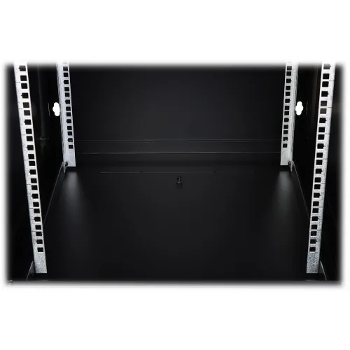 The image shows a black floor cable entry panel designed for server racks, featuring a sleek and durable construction. It includes a central opening for organized cable management, ensuring a tidy and efficient setup.