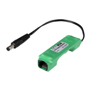 A green voltage converter with a black cable and plug, designed for stabilizing and reducing voltage. The compact device features a labeled casing and a connector for easy integration.