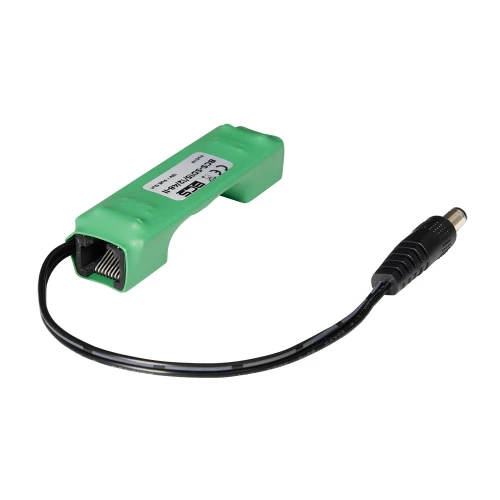 A green voltage converter with a compact design features an Ethernet port on one end and a black power cable with a DC connector on the other. The device is designed for efficient power regulation and connectivity in electronic setups.
